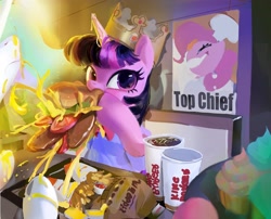 Size: 4009x3245 | Tagged: safe, artist:vondsketch, derpibooru import, pinkie pie, princess celestia, twilight sparkle, twilight sparkle (alicorn), alicorn, earth pony, pony, g4, burger, burger king, burger king crown, cup, cupcake, eating, eye reflection, female, food, french fries, high res, mare, meat, messy eating, ponies eating meat, reflection, restaurant, soda, that pony sure does love burgers, tray, trio, trio female, twilight burgkle