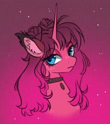 Size: 3092x3480 | Tagged: safe, artist:opalacorn, derpibooru import, oc, oc only, pony, unicorn, bust, choker, ear fluff, ears, female, freckles, frown, gradient background, gradient mane, horn, lidded eyes, looking at you, mare, solo