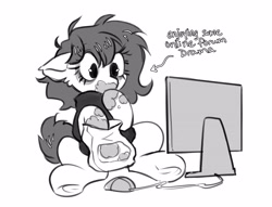 Size: 4096x3131 | Tagged: safe, artist:opalacorn, derpibooru import, oc, oc only, earth pony, pony, arrow, bags under eyes, black and white, computer mouse, ears, eating, floppy ears, food, grayscale, long eyelashes, messy eating, monitor, monochrome, simple background, sitting, snacks, solo, text, white background