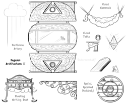 Size: 1500x1250 | Tagged: safe, artist:underwoodart, derpibooru import, rainbow dash, pegasus, g4, ambient.white, architecture, black and white, cloud, column, concept art, crystal, desk, grayscale, hammock, house, monochrome, plate, plushie, rainbow dash plushie, shelf, simple background, table, white background, window