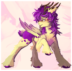 Size: 2248x2194 | Tagged: safe, artist:bitemassacre, derpibooru import, oc, oc only, oc:purple wingshade, deer, deer pony, hybrid, original species, pegasus, pony, antlers, coat markings, colored background, colored wings, deer oc, deer tail, ear fluff, ears, freckles, hoof fluff, multicolored wings, non-pony oc, solo, splotches, spots, tail, wings