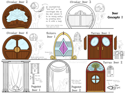 Size: 3004x2241 | Tagged: safe, artist:underwoodart, derpibooru import, oc, oc:referentia, pegasus, ambient.white, cloud, column, concept art, design, door, doors, mechanism, simple background, size comparison, stained glass, text, white background