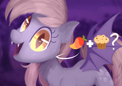 Size: 4093x2894 | Tagged: safe, artist:candy meow, derpibooru import, derpy hooves, bat pony, pony, g4, :d, bat wings, fangs, female, food, looking at you, mango, mare, muffin, night, open mouth, open smile, plus sign, question mark, race swap, smiling, solo, spread wings, wings