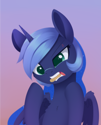 Size: 1693x2109 | Tagged: safe, artist:dusthiel, derpibooru import, princess luna, pony, g4, atg 2024, cross-popping veins, emanata, gradient background, newbie artist training grounds, peanut, solo