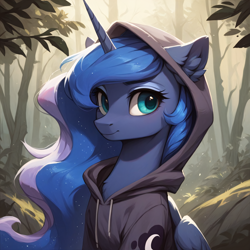 Size: 2048x2048 | Tagged: safe, ai content, derpibooru import, generator:stable diffusion, machine learning generated, princess luna, alicorn, pony, g4, chest fluff, clothes, cute, ear fluff, ears, female, forest, forest background, generator:autismmix pony, hoodie, horn, mare, outdoors, prompter:liladash, sitting, smiling, solo, wings