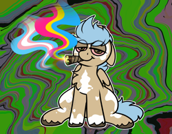 Size: 1348x1048 | Tagged: safe, alternate version, artist:bluemoon, derpibooru import, oc, oc only, oc:onyx, pegasus, pony, abstract background, alternate character, blunt, chest fluff, coat markings, colored hooves, commission, drugs, ears, floppy ears, high, hooves, lidded eyes, looking at you, male, male oc, marijuana, pansexual pride flag, pegasus oc, pride, pride flag, sitting, smoke weed everyday, smoking, spots, stallion, stallion oc, transgender pride flag, trippy, ych result