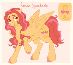 Size: 1700x1500 | Tagged: safe, artist:abbytabbys, derpibooru import, oc, oc only, oc:rosie spectacle, pegasus, pony, blush lines, blushing, body freckles, border, colored eyebrows, colored hooves, curly hair, curly mane, curly tail, ears, eyelashes, eyeshadow, female, floppy ears, folded wings, freckles, hooves, large wings, looking up, makeup, mare, orange coat, orange eyeshadow, passepartout, pegasus oc, pink background, pink hooves, raised hoof, raised leg, red eyes, red mane, red tail, red text, reference sheet, shy, shy smile, simple background, smiling, solo, standing, tail, text, two toned eyes, two toned mane, two toned tail, unshorn fetlocks, wing fluff, wings