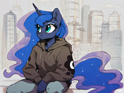 Size: 2048x1536 | Tagged: safe, ai content, artist:dovakkins, derpibooru exclusive, derpibooru import, machine learning assisted, princess luna, alicorn, anthro, g4, city, clothes, cute, ear fluff, ears, female, hoodie, looking at something, mare, pants, sad, sadorable, sitting, solo, tail, watermark, wavy mane, wavy tail, wingless, wingless alicorn