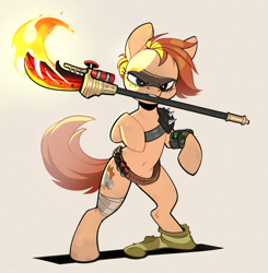 Size: 2226x2268 | Tagged: safe, artist:rexyseven, derpibooru import, oc, oc only, oc:rusty gears, earth pony, pony, fallout equestria, bandage, belt, bipedal, female, fire, mare, mouth hold, pipbuck, raider, sock, solo, spear, weapon
