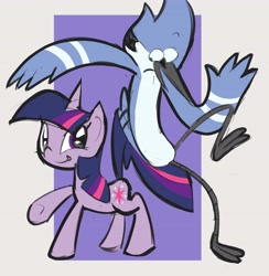 Size: 3998x4096 | Tagged: safe, artist:rufflefeathrs, derpibooru import, twilight sparkle, unicorn twilight, bird, blue jay, pony, unicorn, g4, crossover, crossover shipping, female, male, mordecai, mordetwi, regular show, shipping, smiling, straight