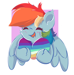 Size: 477x484 | Tagged: safe, artist:skylinepony_, derpibooru import, rainbow dash, pegasus, pony, g4, blush lines, blushing, cheek fluff, colored pinnae, commission, ear fluff, ear tufts, ears, eyes closed, female, fluffy, heart, lgbt, lgbtq, open mouth, open smile, passepartout, pride, simple background, smiling, solo, spread wings, unshorn fetlocks, white background, wing fluff, wings, your character here