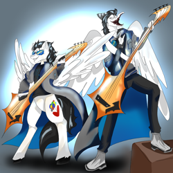 Size: 3000x3000 | Tagged: safe, artist:kingscrown_, derpibooru import, oc, oc only, oc:pipe dream, dinosaur, hybrid, pegasus, pony, pterosaur, clothes, cloven hooves, duet, feather, goodbye volcano high, grin, guitar, homestuck, hoodie, laughing, musical instrument, pterodactyl, raincoat, rock, scorpio, shoes, smiling, species swap, stars, sunglasses, wings