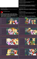 Size: 2562x4100 | Tagged: safe, artist:askbritanniamlp, derpibooru import, oc, oc:avalanche, oc:britannia, oc:buckler, oc:mercy, oc:rose quartz, oc:surefire, pony, unicorn, ask britannia, female, helmet, horn, magic, mare, mining helmet, trident