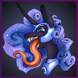 Size: 1080x1080 | Tagged: safe, artist:danton-y17, derpibooru import, nightmare moon, alicorn, g4, armor, bust, ethereal mane, fangs, grin, lacrimal caruncle, long tongue, looking at you, sharp teeth, slit eyes, smiling, solo, teeth, tongue, tongue out