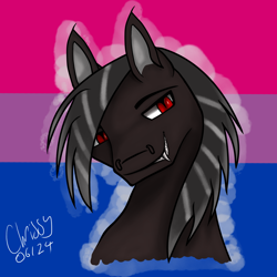 Size: 2400x2400 | Tagged: safe, artist:mrdragon_chris, derpibooru import, oc, oc:storm, pegasus, bisexual, bisexual pride flag, bust, fangs, idiot, male, portrait, pride, pride flag, smiling, smirk, solo