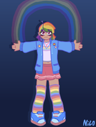 Size: 2160x2880 | Tagged: safe, artist:chaos4cringe, derpibooru import, rainbow dash, human, g4, clothes, ear piercing, earring, female, hoodie, humanized, jewelry, midriff, necklace, piercing, rainbow, rainbow socks, shirt, shoes, skirt, sneakers, socks, solo, striped socks