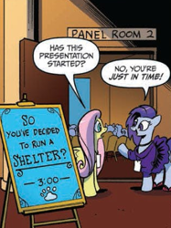 Size: 315x421 | Tagged: safe, artist:andypriceart, derpibooru import, idw, fluttershy, earth pony, pegasus, pony, g4, spoiler:comic, spoiler:comic64, clothes, comic, female, mare, unnamed character, unnamed pony