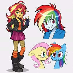 Size: 2048x2048 | Tagged: safe, artist:verafan4ever, derpibooru import, fluttershy, rainbow dash, sunset shimmer, human, pegasus, pony, equestria girls, g4, boots, bust, clothes, eye clipping through hair, eyebrows, eyebrows visible through hair, female, fingerless gloves, fishnet clothing, fishnet stockings, flutterdash, full body, gloves, high res, jacket, leather, leather jacket, lesbian, looking at you, mare, shipping, shoes, skirt, smiling, smiling at you, socks, stockings, sweat, thigh highs, trio, trio female