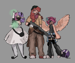 Size: 3267x2750 | Tagged: safe, artist:linatron, derpibooru import, apple bloom, scootaloo, sweetie belle, human, g4, alternate universe, apocalypse, cutie mark crusaders, elf ears, gray background, height difference, helmet, horn, horned humanization, humanized, infected, infection au, magic, mlp infection, physique difference, simple background, winged humanization, wings