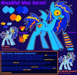 Size: 1010x990 | Tagged: safe, artist:koidial, derpibooru import, oc, oc only, oc:dreadful blue horse!, bat pony, pony, alternate color palette, backstory in description, bat pony oc, bat wings, blue coat, blue mane, blue tail, blue text, checkered background, clothes, color palette, colored sclera, colored teeth, eyestrain warning, female, leg warmers, long description, long mane, mare, messy mane, messy tail, multicolored mane, multicolored tail, nervous, no catchlights, no pupils, orange text, outline, patterned background, ponysona, profile, purple text, red eyes, reference sheet, saturated, sharp teeth, signature, solo, spiky mane, spiky tail, spread wings, standing, sweat, sweatdrop, tail, teeth, text, three toned mane, three toned tail, tri-color mane, tri-color tail, tri-colored mane, tri-colored tail, tricolor mane, tricolor tail, tricolored mane, tricolored tail, wings, yellow sclera, yellow teeth, yellow text