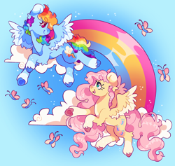 Size: 2048x1938 | Tagged: safe, artist:cocopudu, derpibooru import, fluttershy, rainbow dash, butterfly, pegasus, pony, g4, alternate design, alternate hairstyle, alternate tailstyle, big ears, blue coat, blue hooves, cloud, cloven hooves, coat markings, colored, colored belly, colored eartips, colored eyebrows, colored eyelashes, colored hooves, colored pupils, colored wings, colored wingtips, countershading, curly hair, curly mane, curly tail, cute, dashabetes, duo, duo female, ears, eyebrows, eyebrows visible through hair, eyelashes, facial markings, female, floppy ears, flutterdash, flying, gradient background, hooves, leg fluff, lesbian, long eyelashes, long mane, long tail, looking at each other, looking at someone, looking up, mare, multicolored hair, multicolored mane, multicolored tail, open mouth, open smile, pale belly, pansexual pride flag, pink eyelashes, pink eyes, pink hooves, pink mane, pink pupils, pink tail, pride, pride flag, profile, rainbow, rainbow hair, rainbow tail, raised hoof, raised leg, redraw, shiny mane, shiny tail, shipping, shyabetes, sky background, smiling, smiling at each other, snip (coat marking), socks (coat marking), sparkles, spread wings, tail, teal eyes, teal pupils, thick eyebrows, two toned wings, underhoof, unshorn fetlocks, wall of tags, wavy mane, wavy tail, wing fluff, wings, yellow coat