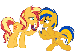 Size: 2048x1536 | Tagged: safe, artist:mlpfan3991, artist:ry-bluepony1, derpibooru import, sunset shimmer, oc, oc:flare spark, pegasus, pony, unicorn, g4, canon x oc, female, horn, jewelry, lesbian, mare, marriage proposal, ring, ship:flareset, simple background, smiling, transparent background, wedding ring