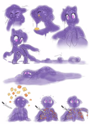 Size: 2980x4117 | Tagged: safe, artist:blazingstred, derpibooru import, oc, oc:jellene, goo, goo pony, original species, blocks, bubble, confused, eating, happy, laughing, looking at you, looking down, looking up, munching, ooze, purple mane, sad, sketch, sketch dump, slime, sword, trail, weapon