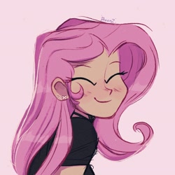 Size: 2048x2048 | Tagged: safe, artist:dreamz, derpibooru import, fluttershy, human, equestria girls, g4, blushing, bust, ear piercing, eyes closed, female, looking at you, piercing, pink background, signature, simple background, smiling, smiling at you, solo