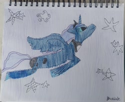 Size: 3175x2604 | Tagged: safe, artist:blackblade360, derpibooru import, princess luna, alicorn, pony, g4, armor, armored pony, atg 2024, blue coat, colored pencil drawing, crown, cyan eyes, female, flowing mane, flowing tail, flying, implied apple bloom, implied applejack, implied pinkie pie, implied rarity, implied twilight sparkle, irl, jewelry, mare, newbie artist training grounds, night, paper, photo, regalia, signature, solo, spread wings, stars, story included, symbolism, tail, traditional art, wings