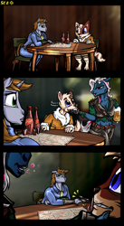 Size: 1500x2740 | Tagged: safe, artist:scarletdex8299, derpibooru import, oc, oc:littlepip, anthro, cat, digitigrade anthro, earth pony, unguligrade anthro, unicorn, fallout equestria, alcohol, annoyed, bar, beer, blurry background, clothes, comic, dreamkeepers, drunk, duo, duo male and female, face grab, fallout, female, flirting, gun, horn, jumpsuit, lidded eyes, mace, male, map, nuka cola, pipbuck, scar, unnamed oc, vault suit, weapon