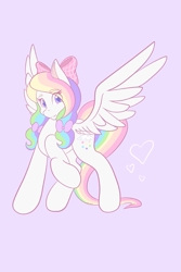 Size: 1365x2048 | Tagged: safe, artist:mscolorsplash, derpibooru import, oc, oc only, pegasus, pony, bow, eye clipping through hair, eyebrows, eyebrows visible through hair, female, hair bow, looking at you, mare, multicolored hair, pigtails, pink background, rainbow hair, raised hoof, raised leg, simple background, smiling, smiling at you, solo, spread wings, wings