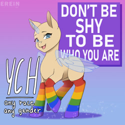 Size: 2000x2000 | Tagged: safe, artist:erein, derpibooru import, pony, advertisement, any gender, any race, auction, auction open, clothes, commission, ears up, gradient background, high res, horn, lgbt, looking at you, open mouth, pride, pride month, pride socks, rainbow socks, simple background, smiling, smiling at you, socks, solo, striped socks, text, wings, ych sketch, your character here