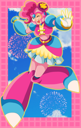 Size: 1820x2854 | Tagged: safe, artist:rockmangurlx, derpibooru import, pinkie pie, human, robot, g4, arm cannon, armor, armor skirt, crossover, female, fireworks, gynoid, helmet, high res, humanized, looking at you, megaman x, one eye closed, reploid, roboticization, skirt, smiling, smiling at you, solo, wink, winking at you