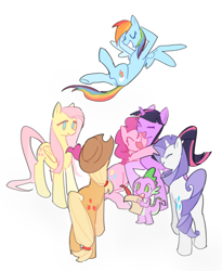 Size: 968x1178 | Tagged: safe, artist:butterfoliage, derpibooru import, applejack, fluttershy, pinkie pie, rainbow dash, rarity, spike, twilight sparkle, unicorn twilight, dragon, earth pony, pegasus, pony, unicorn, g4, female, horn, male, mane seven, mane six, quill, scroll, simple background, white background