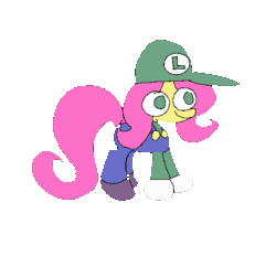 Size: 500x463 | Tagged: safe, artist:missing-elixir, derpibooru import, fluttershy, pegasus, pony, g4, animated, bouncing, clothes, cosplay, costume, female, gif, luigi, mare, silly, silly pony, simple background, smiling, solo, super mario bros., transparent background