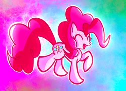 Size: 2048x1486 | Tagged: safe, artist:missing-elixir, derpibooru import, pinkie pie, earth pony, pony, g4, ^^, concave belly, eyes closed, female, mare, multicolored background, open mouth, open smile, outline, raised hoof, raised leg, smiling, solo