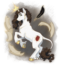 Size: 2100x2300 | Tagged: safe, artist:altruistartist, derpibooru import, oc, classical unicorn, pony, unicorn, g4, brown mane, cloven hooves, colored hooves, ear piercing, gold hooves, green eyes, hooves, horn, leonine tail, magic, paper, partially transparent background, piercing, quill, solo, telekinesis, unicorn beard, unicorn oc, unnamed oc, unshorn fetlocks, white coat