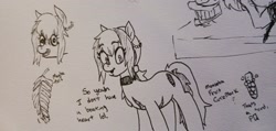 Size: 2048x972 | Tagged: safe, artist:pony quarantine, derpibooru import, oc, oc only, earth pony, pony, female, grayscale, mare, monochrome, monstera, pen drawing, scar, solo, talking to viewer, traditional art