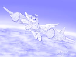 Size: 1920x1440 | Tagged: safe, artist:novaintellus, derpibooru import, pegasus, pony, astronaut, atg 2024, flying, monochrome, newbie artist training grounds, solo, spacesuit, traditional art