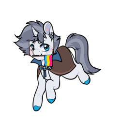 Size: 1000x1000 | Tagged: safe, artist:artchoiaila, derpibooru import, oc, oc only, oc:lancer thunderstride, pony, unicorn, blue eyes, blue hooves, cape, chibi, clothes, collar, colored hooves, commission, cute, ear piercing, earring, flag, gift art, gray mane, gray tail, grey hair, heart, heart mark, hooves, horn, jewelry, light skin, male, mouth hold, pansexual pride flag, piercing, pride, pride flag, simple background, solo, stallion, transparent background