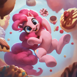 Size: 2880x2880 | Tagged: safe, ai content, derpibooru import, generator:pony diffusion v6 xl, generator:stable diffusion, machine learning generated, pinkie pie, earth pony, pony, g4, secrets and pies, cake, candy, food, frog (hoof), looking at you, open mouth, open smile, prompt in description, prompter:derp621, smiling, solo, sweets, tongue, tongue out, underhoof