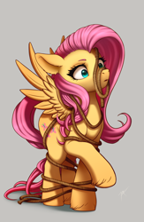 Size: 1300x2000 | Tagged: safe, artist:zetamad, derpibooru import, fluttershy, pegasus, pony, g4, adorable distress, atg 2024, cute, gray background, newbie artist training grounds, rope, ropes, shyabetes, simple background, solo, spread wings, tangled up, wings