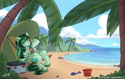 Size: 2660x1680 | Tagged: safe, artist:rivin177, derpibooru import, oc, oc only, oc:eden shallowleaf, pegasus, pony, beach, blue sky, bucket, bush, chair, cloud, commission, commissioner:rainbowdash69, cooler, drink, drinking, food, glass, hill, lemon, looking at you, ocean, palm tree, raised hoof, raised leg, sand, scenery, shovel, solo, straw in mouth, tea, tree, umbrella, water, wing hold, wings