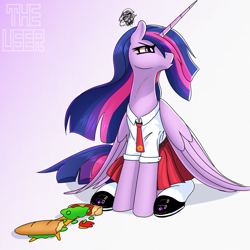 Size: 2000x2000 | Tagged: safe, artist:theuser, derpibooru import, twilight sparkle, twilight sparkle (alicorn), alicorn, pony, g4, angry, clothes, female, folded wings, food, gradient background, high res, indonesia, large wings, mare, older, older twilight, sandwich, school uniform, signature, sitting, solo, uniform, wings
