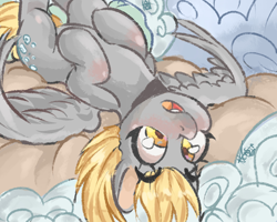 Size: 1476x1181 | Tagged: safe, artist:byondtotheinside, derpibooru import, derpy hooves, pegasus, pony, g4, cloud, complex background, derp, digital art, digital painting, eyebrows, eyebrows visible through hair, golden eyes, gray coat, lying down, on back, open mouth, raised eyebrow, solo, spread wings, upside down, wings, yellow mane