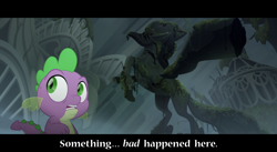 Size: 1280x700 | Tagged: safe, derpibooru import, edit, edited screencap, screencap, spike, classical hippogriff, dragon, hippogriff, g4, my little pony: the movie, caption, looking back, male, solo, statue, text