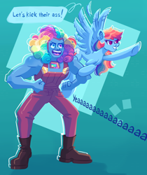 Size: 1324x1573 | Tagged: safe, artist:irisikiki, derpibooru import, rainbow dash, pegasus, pony, g4, bismuth, bismuth (steven universe), boots, clothes, crossover, dialogue, duo, duo female, female, furrowed brow, gem, gem (race), gradient background, grin, heterochromia, mare, open mouth, open smile, overalls, shoes, smiling, steven universe, steven universe future, steven universe: the movie
