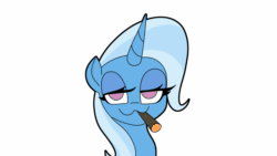 Size: 1920x1080 | Tagged: safe, artist:ponconcarnal, derpibooru exclusive, derpibooru import, trixie, pony, unicorn, g4, animated, bust, drugs, female, horn, looking at you, marijuana, silly, simple background, smiling, smoking, solo, uwu, white background