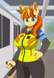 Size: 2855x4096 | Tagged: safe, artist:zeroonesunray, derpibooru import, oc, oc only, oc:tulip line, anthro, unicorn, baton, clothes, horn, looking at you, security guard, smiling, smiling at you, solo, station security, train station, uniform