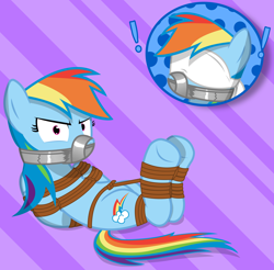 Size: 2200x2162 | Tagged: safe, artist:cardshark777, derpibooru import, rainbow dash, pegasus, pony, g4, angry, blindfold, bondage, bound and gagged, bound wings, digital art, exclamation point, female, femsub, gag, glare, helpless, hooves behind back, looking at you, lying down, mare, multicolored hair, panel, rainbond dash, rainbow dash is not amused, rainbow hair, rope, rope bondage, shading, solo, submissive, tape, tape gag, unamused, wings